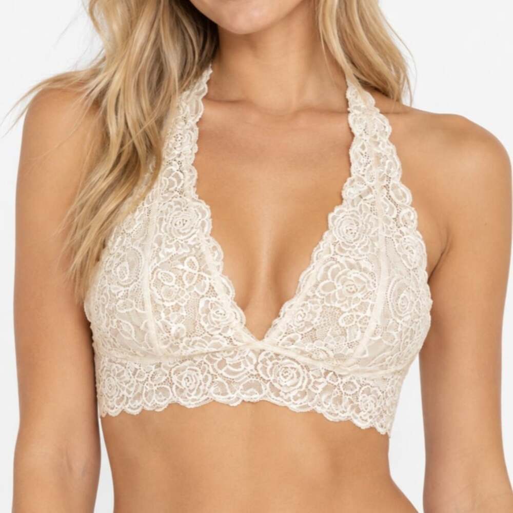 Free Press Cream Floral Lace Halter Bralette Scalloped V-Neck